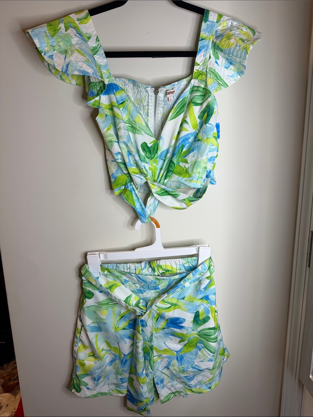Tropical Leaf Tie-Front Shorts Set - Blue & Green